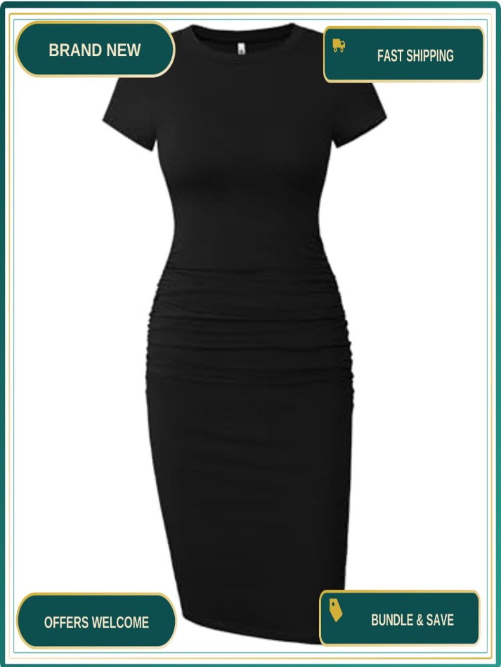Ruched Midi Bodycon Dress Short Sleeve Summer Casual